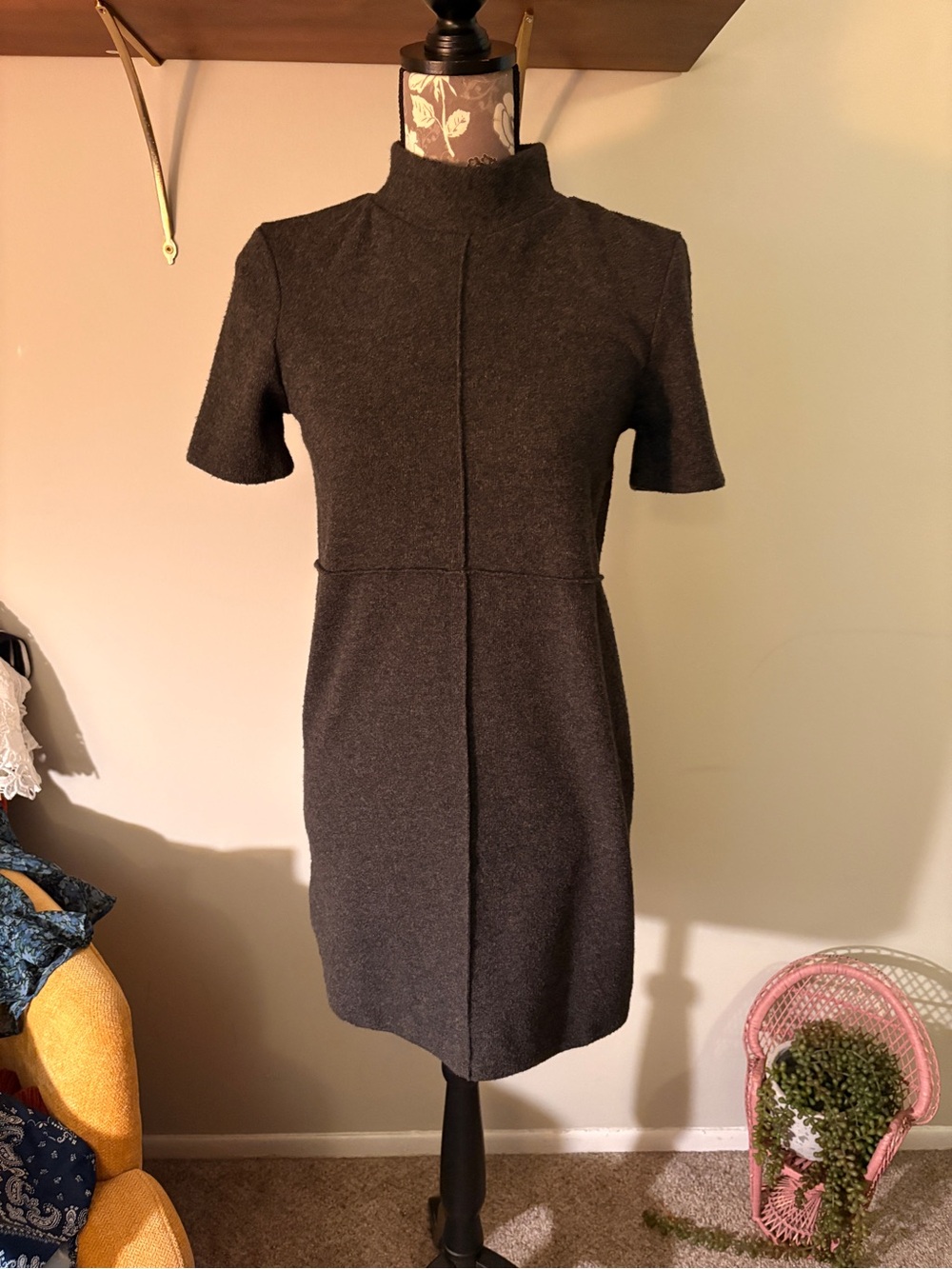 Zara Short-Sleeve Mock Neck Dress in Dark Gray